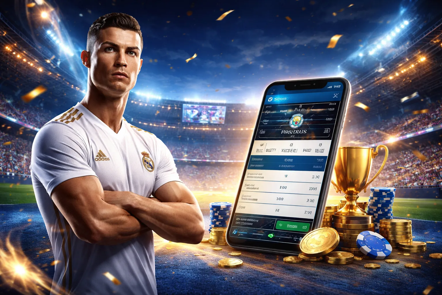 Sân vận động bóng đá với khán giả hò reo, logo 77bet game